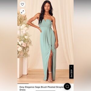 Lulu’s Sage Brush Pleated Strapless Maxi Dress, M